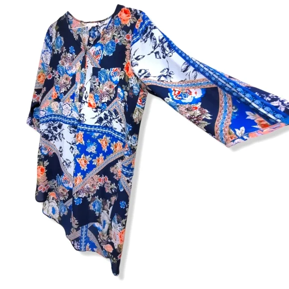 Westport Artsy Floral Patchwork 3/4 Sleeve Semi Sheer Long Tunic Blouse, M - Picture 6 of 11